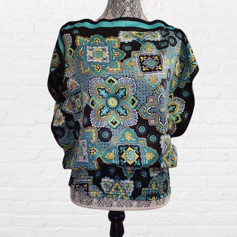 Retro boho silky teal casual short sleeve shirt